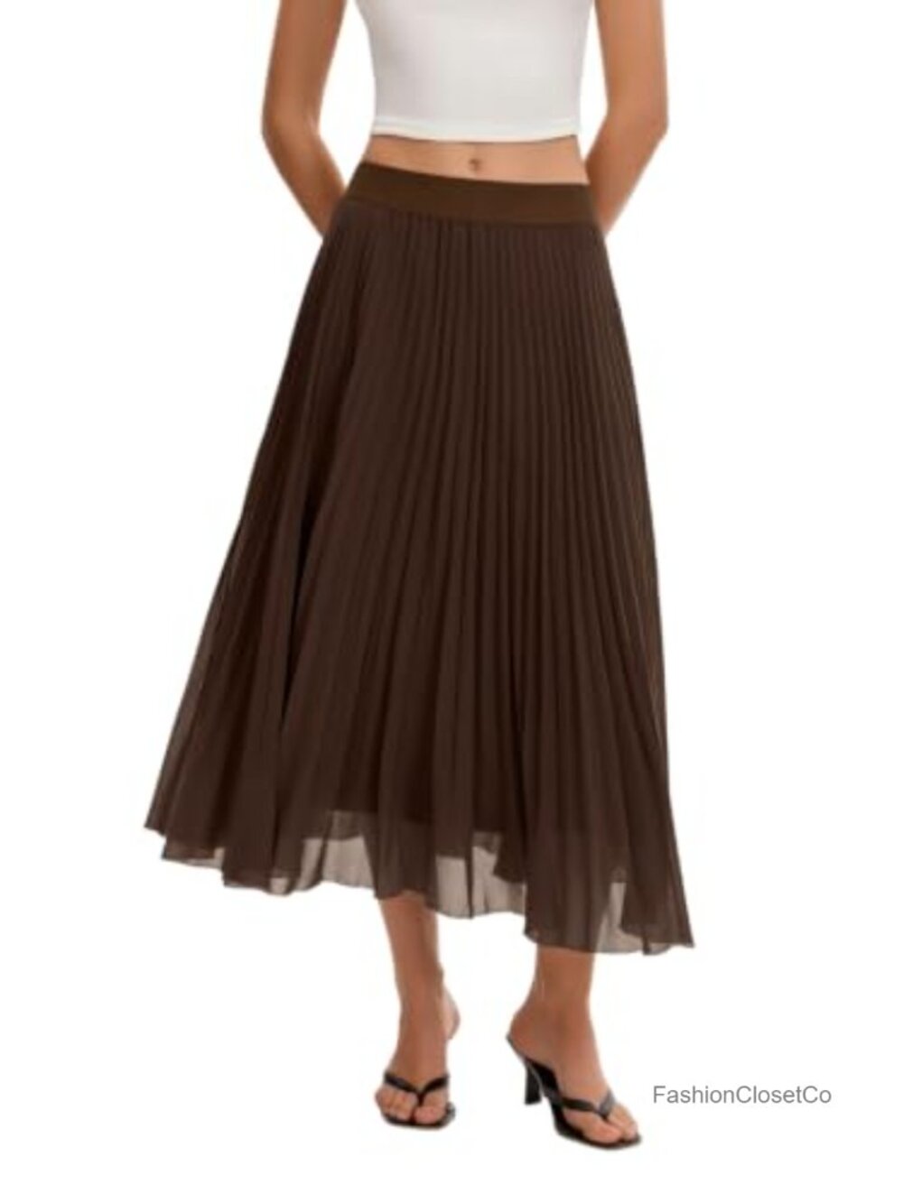 Pleated Chiffon Midi Skirt A-Line Elastic Waist